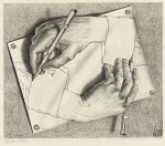 Mains dessinant, de M.C. Escher : le dessin en trompe l'oeil de deux mains s'entredessinant sur une feuille de papier.